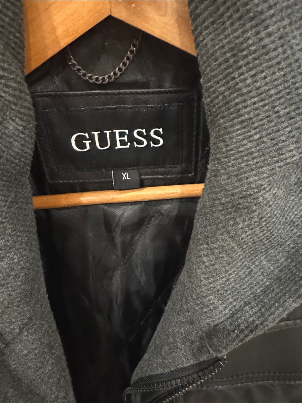 GUESS Black Leather Military-Style Jacket with Gray Knit Hood - Picture 2 of 6
